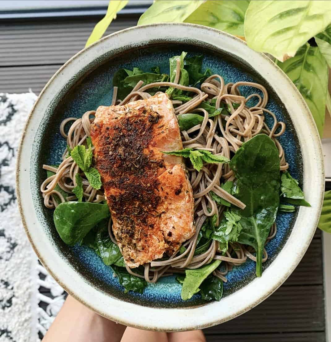 salmon soba noodle bowl mint